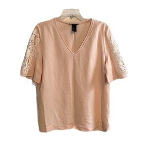 Linen Crochet Lace Detail Blouse Pink L Pull-on Short Sleeve V-Neck  Boho Gift